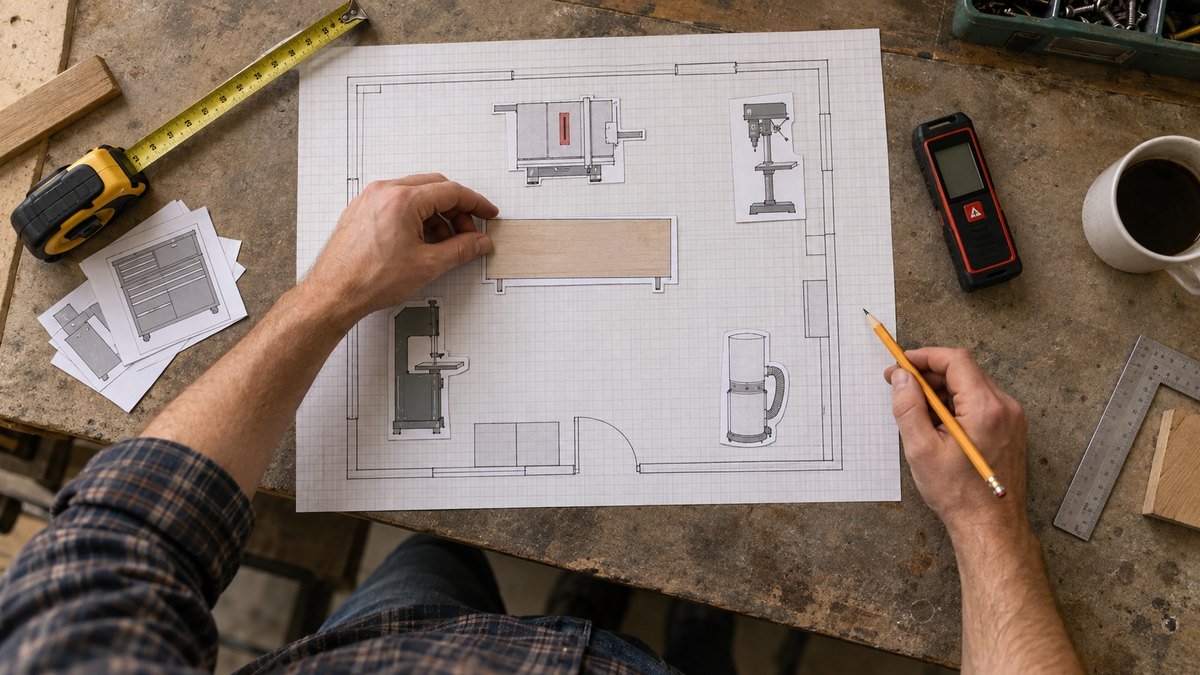 Woodworker arranges scaled machine templates on a workshop floor plan beside measuring tools.