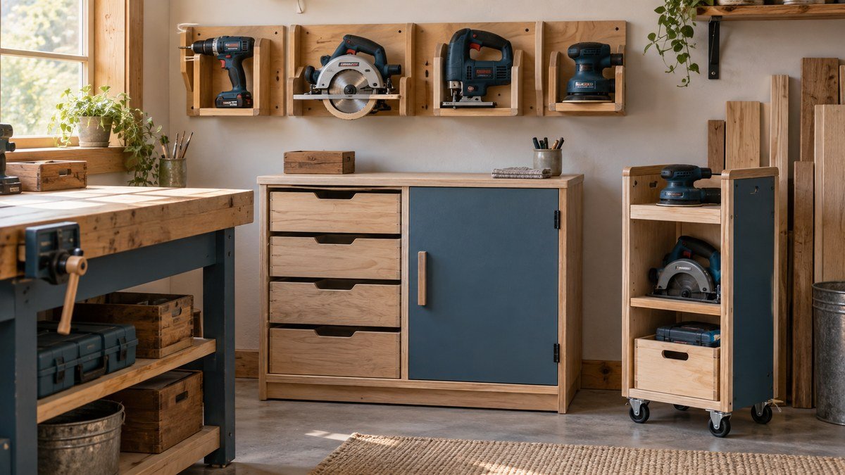 Cordless drills, saws, and sanders stored across wall holders, drawers, a cabinet, and a narrow mobile cart.
