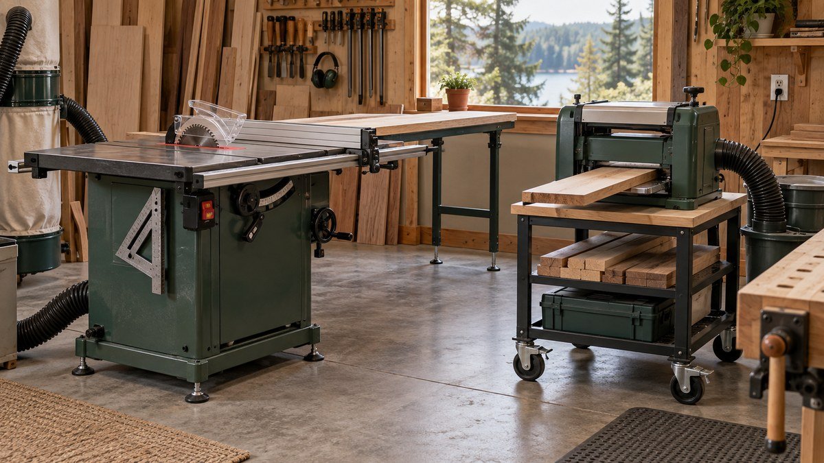 A stationary table saw and a mobile planer cart arranged for comparing stability, capacity, dust collection, and setup.