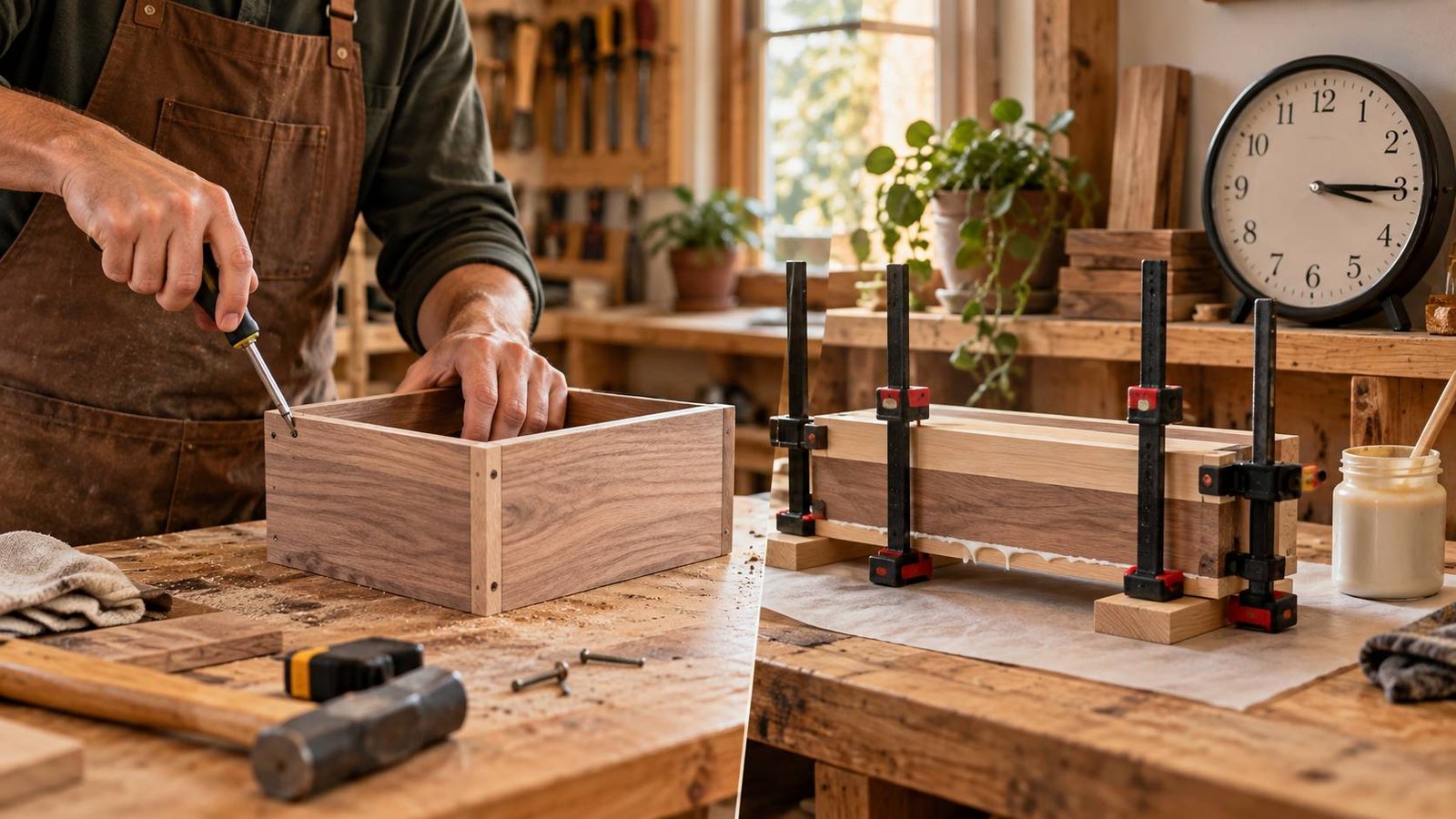 Woodworker assembling a box beside a clamped glue-up and workshop clock, illustrating active work and waiting time.