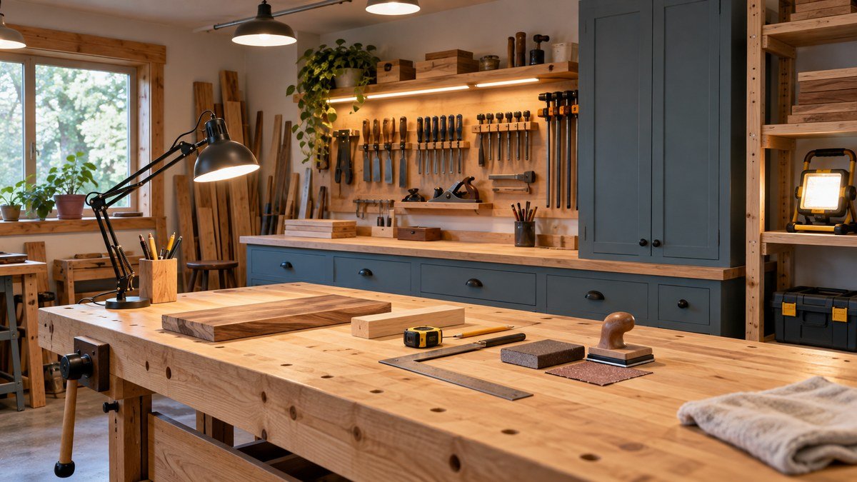 Compact woodworking shop combining broad ceiling lights with focused bench lighting for a layered lighting plan.