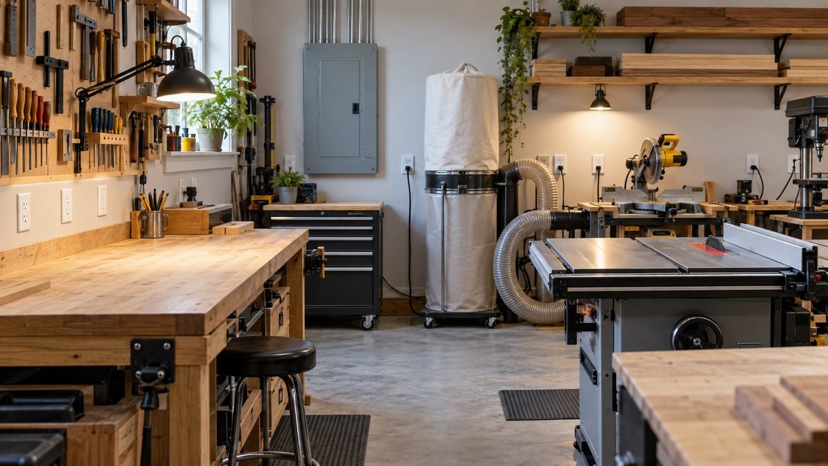 Organized woodshop shows multiple wall receptacles, a closed electrical panel, stationary tools, and separate work zones.