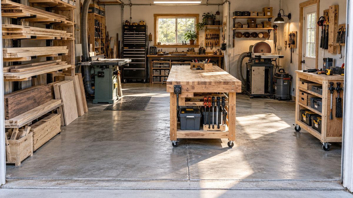 Compact workshop arranged into lumber storage, milling, assembly, sanding, and mobile-tool zones.