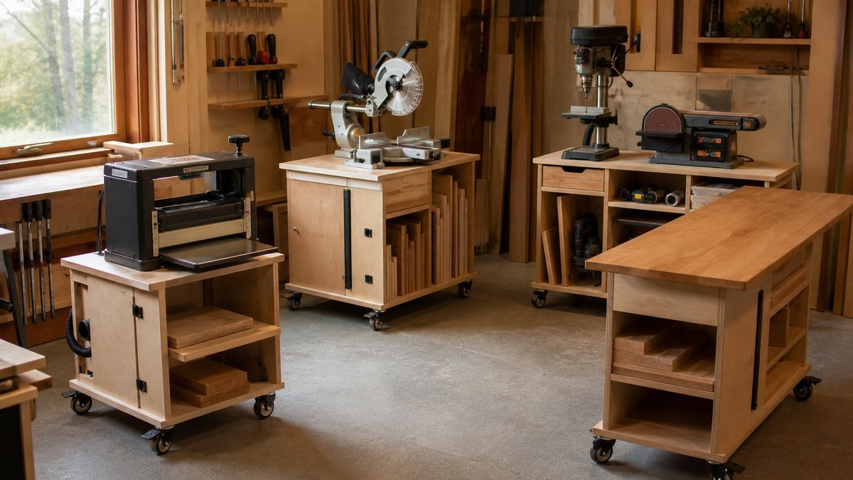 Compact woodworking machines sit on stable rolling bases beside a shared mobile work and outfeed table.