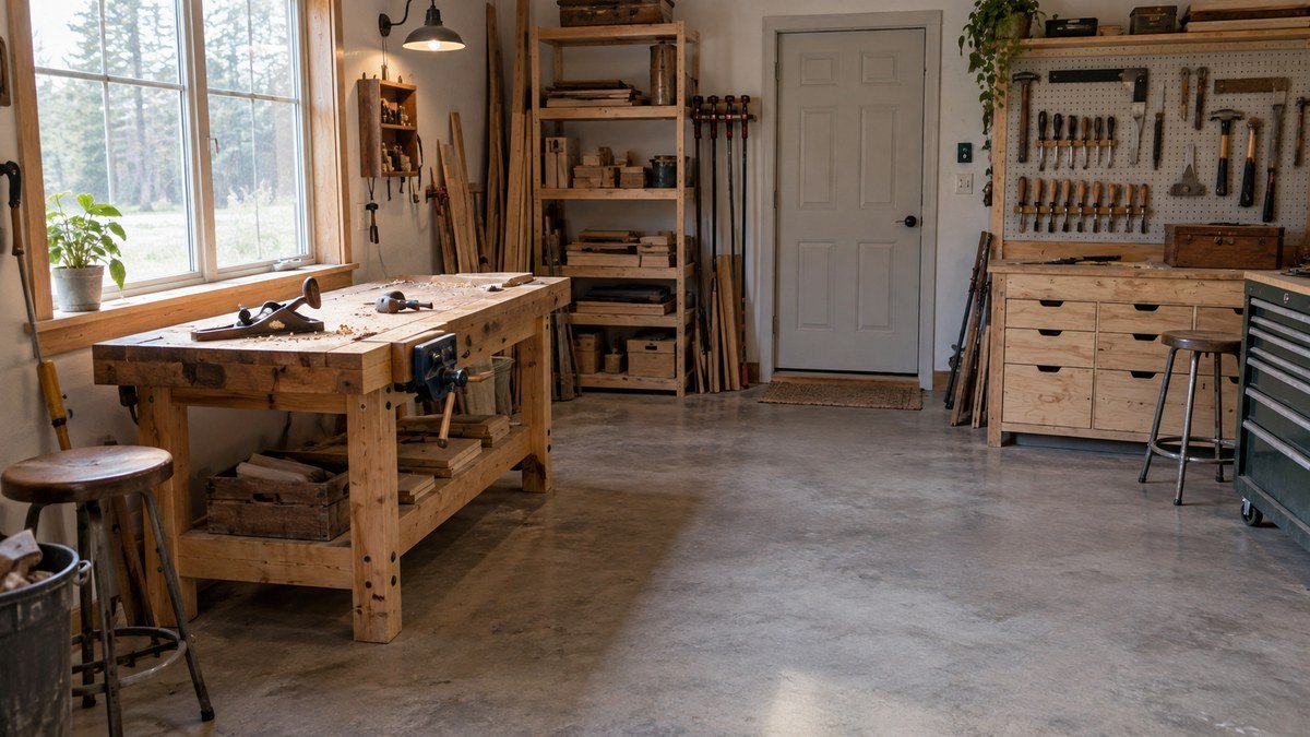 Small workshop with a wooden bench beside a window, open floor space, lumber storage, and a clear path to the door.