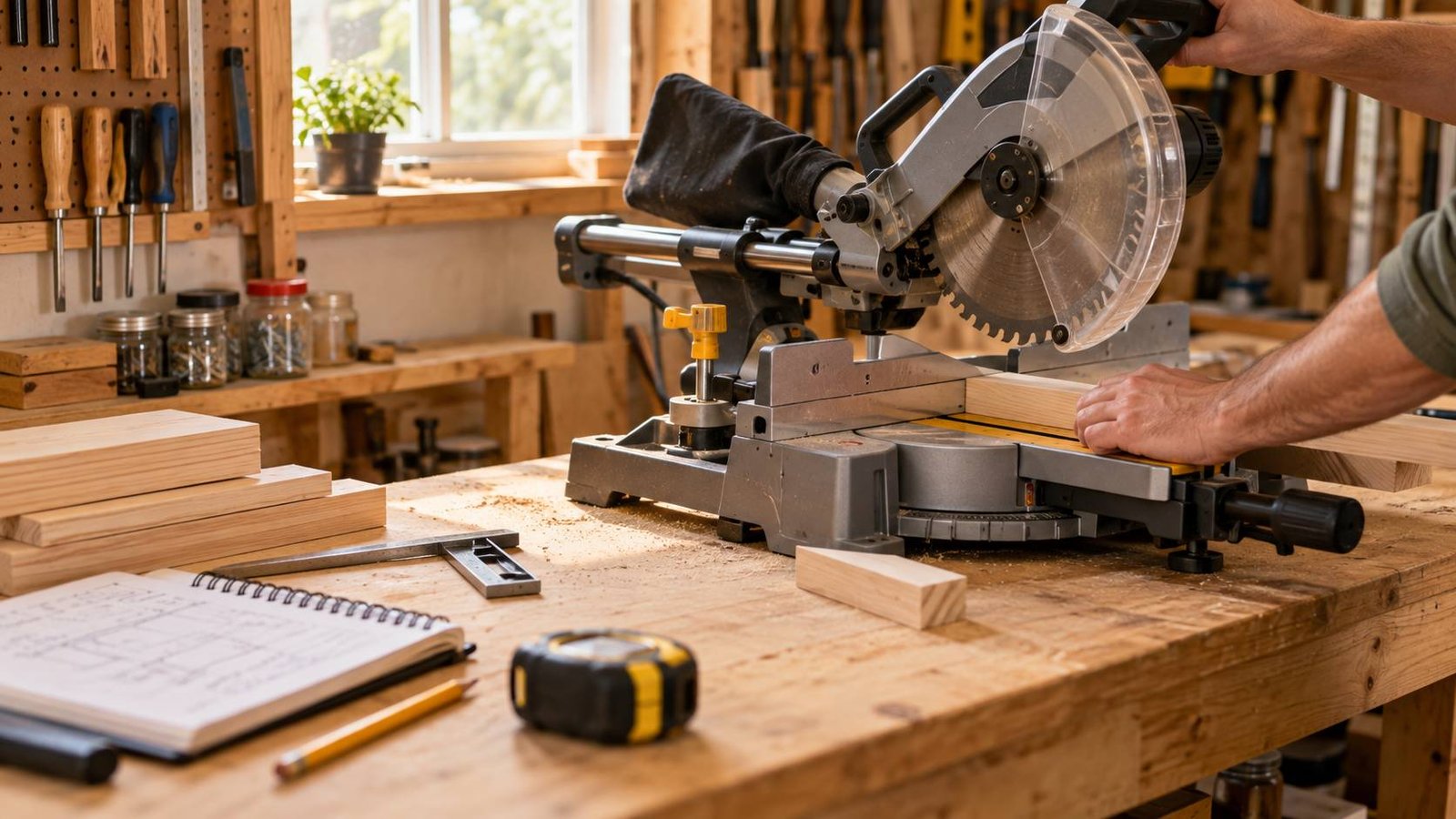 Woodworker setting up a miter saw for a test cut in a compact workshop with a project notebook nearby.
