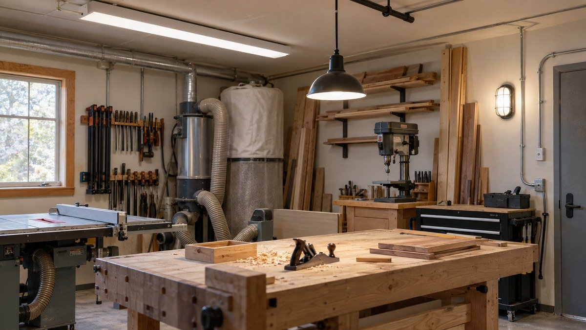 Compact workshop displaying diffused ceiling fixtures, an adjustable task light, and a protected wall light for different work areas.