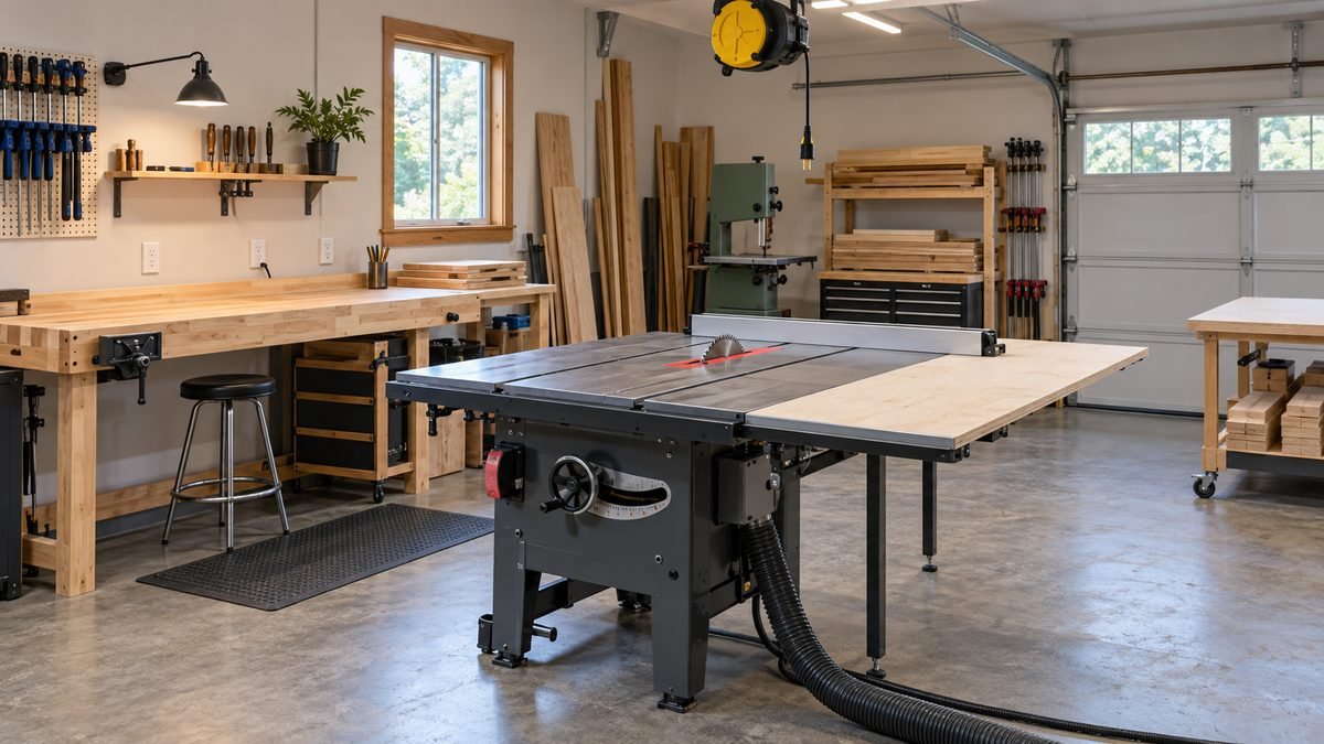 Table saw, workbench outlets, clear aisles, and an overhead cord reel demonstrate practical outlet placement.