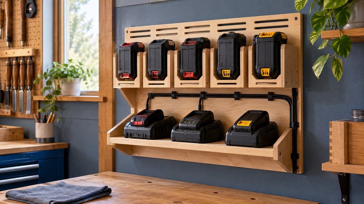 Ventilated workshop charging station with generic battery packs in wall holders, chargers on an open shelf, and neatly routed cords.