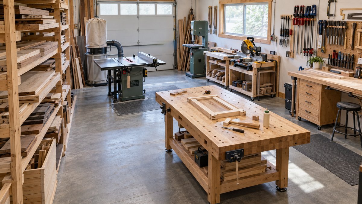 Organized woodworking shop with lumber storage, cutting machines, and a central assembly bench arranged along a clear workflow.
