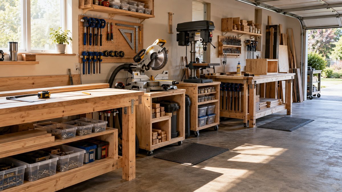 Small workshop stations arranged from measuring bench to miter saw, drill press, and assembly bench.