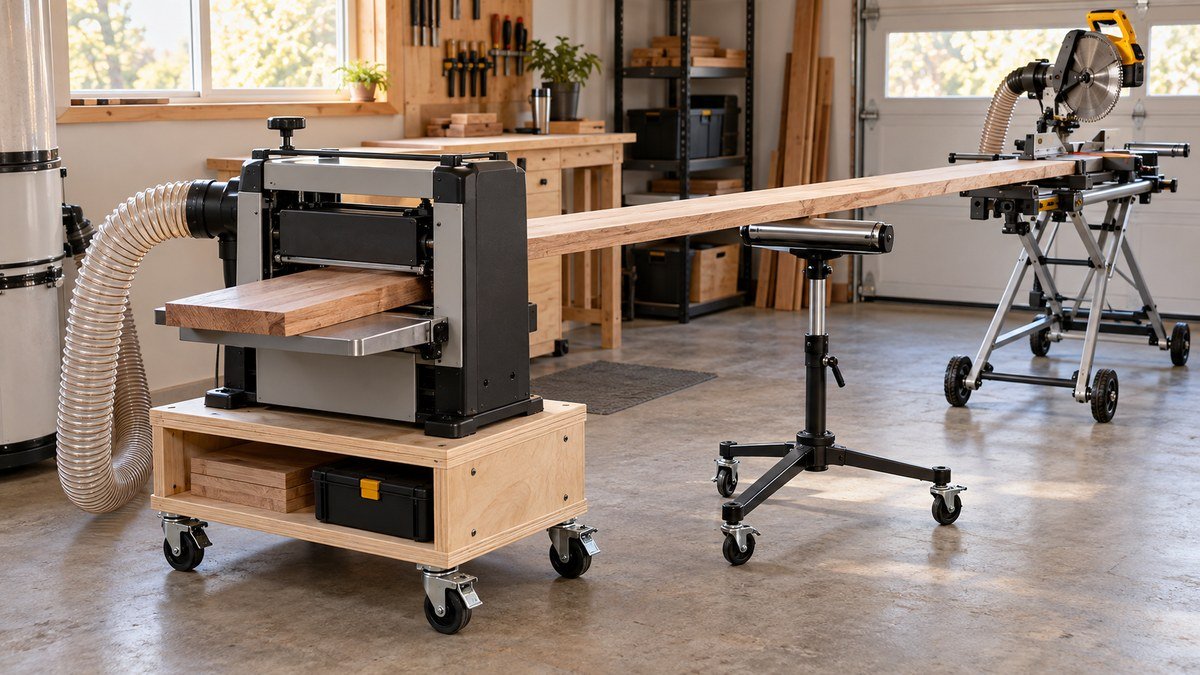 A mobile planer, folding miter saw stand, roller support, and clear dust hose arranged in an uncluttered garage workshop.