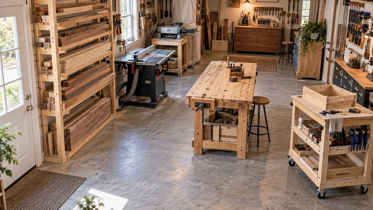 Organized workshop workflow connects lumber storage, cutting tools, a workbench, and a mobile assembly cart.