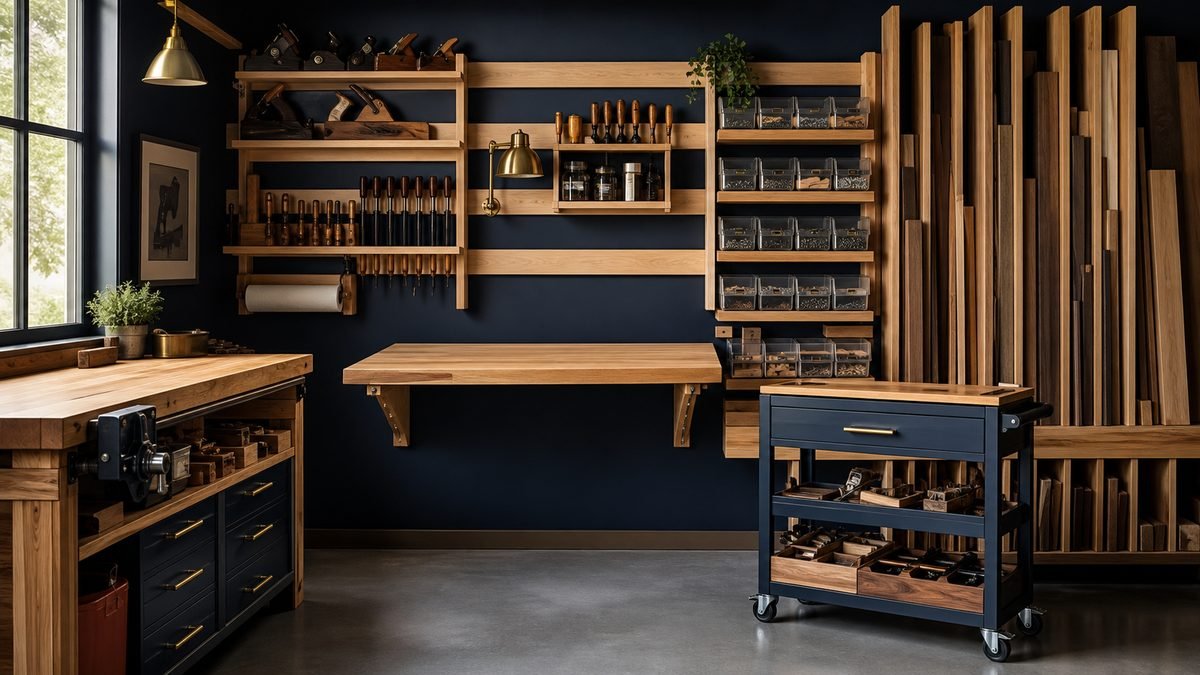 Space-saving workshop wall with tool holders, small-parts bins, vertical lumber rack, and rolling cart.