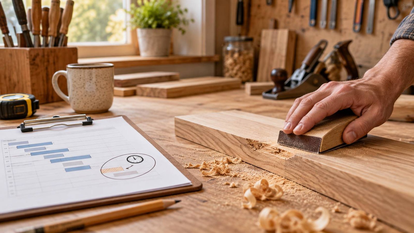 Woodworker correcting a board with a sanding block beside a project schedule, illustrating contingency time.