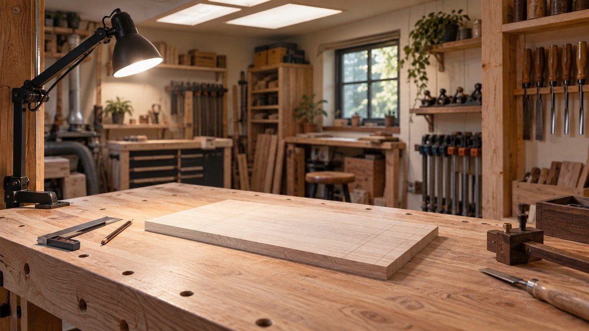 Workbench illuminated from multiple directions with an adjustable task lamp to reduce shadows and glare on the work surface.