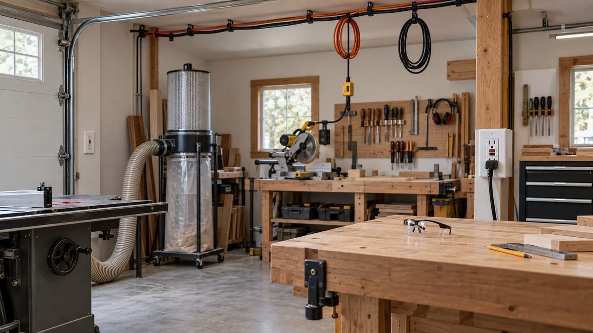 Tidy woodshop uses protected receptacles and overhead cord routing to keep electrical cords away from dust hoses and walkways.