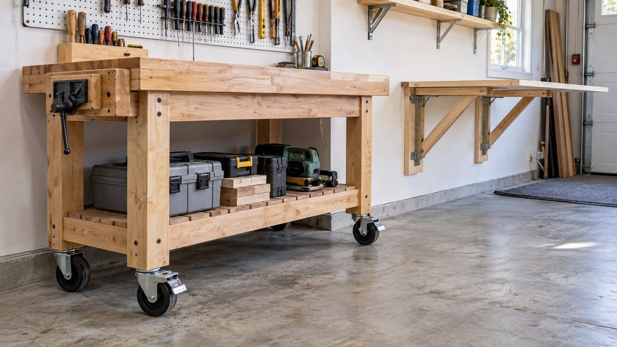 Mobile wooden workbench on locking casters positioned beside a wall-mounted folding work surface in a garage workshop.