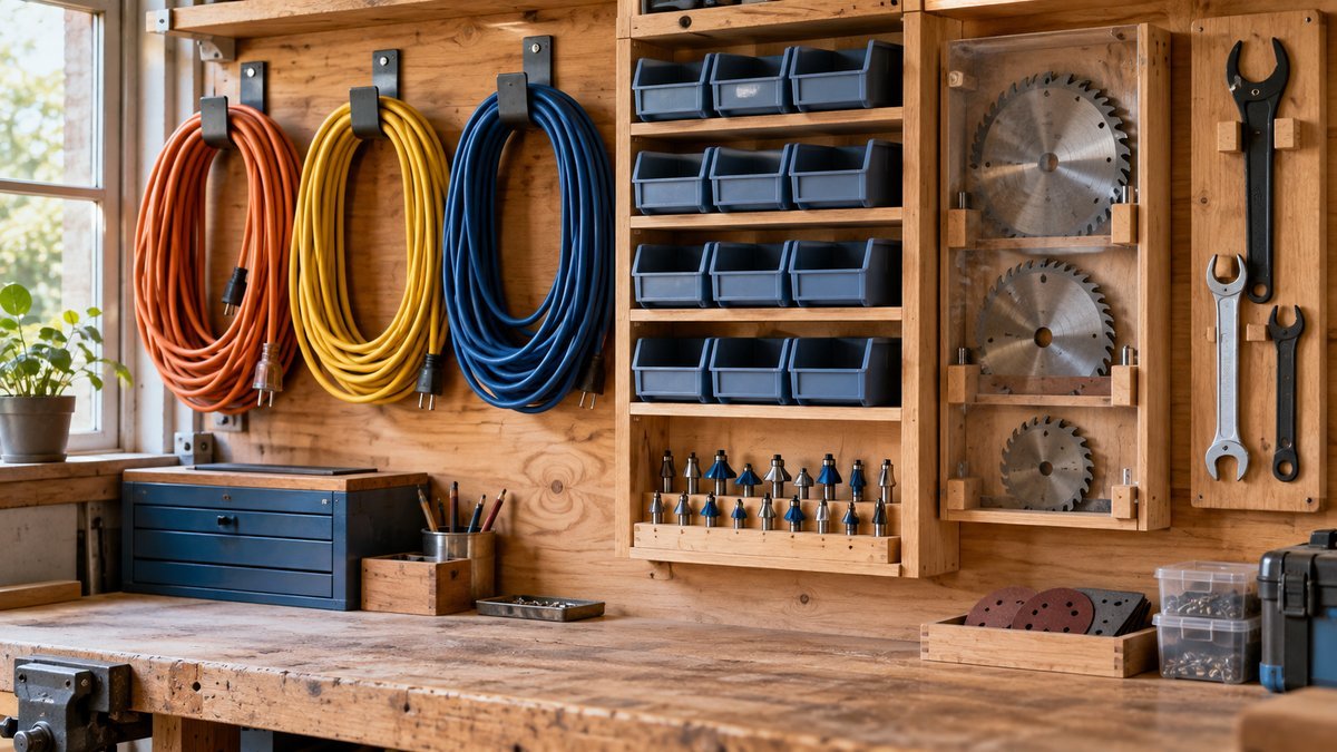 Workshop accessory wall with coiled extension cords, compartment bins, protected saw blades, drill bits, and hand tools.