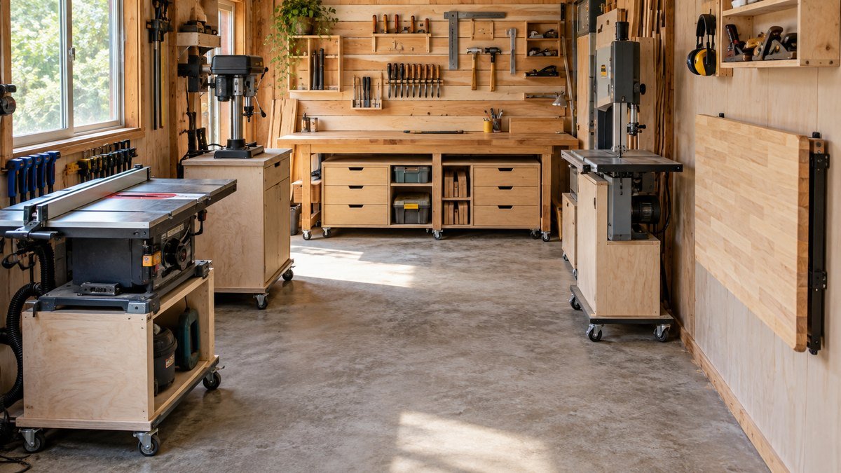 Space-saving woodshop uses mobile machines, under-bench drawers, wall storage, and a folding work surface.
