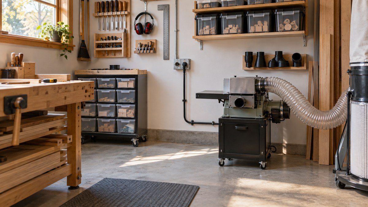 Woodworking station with organized bins, wall outlets, dust fittings, and a clear hose connected to a machine.