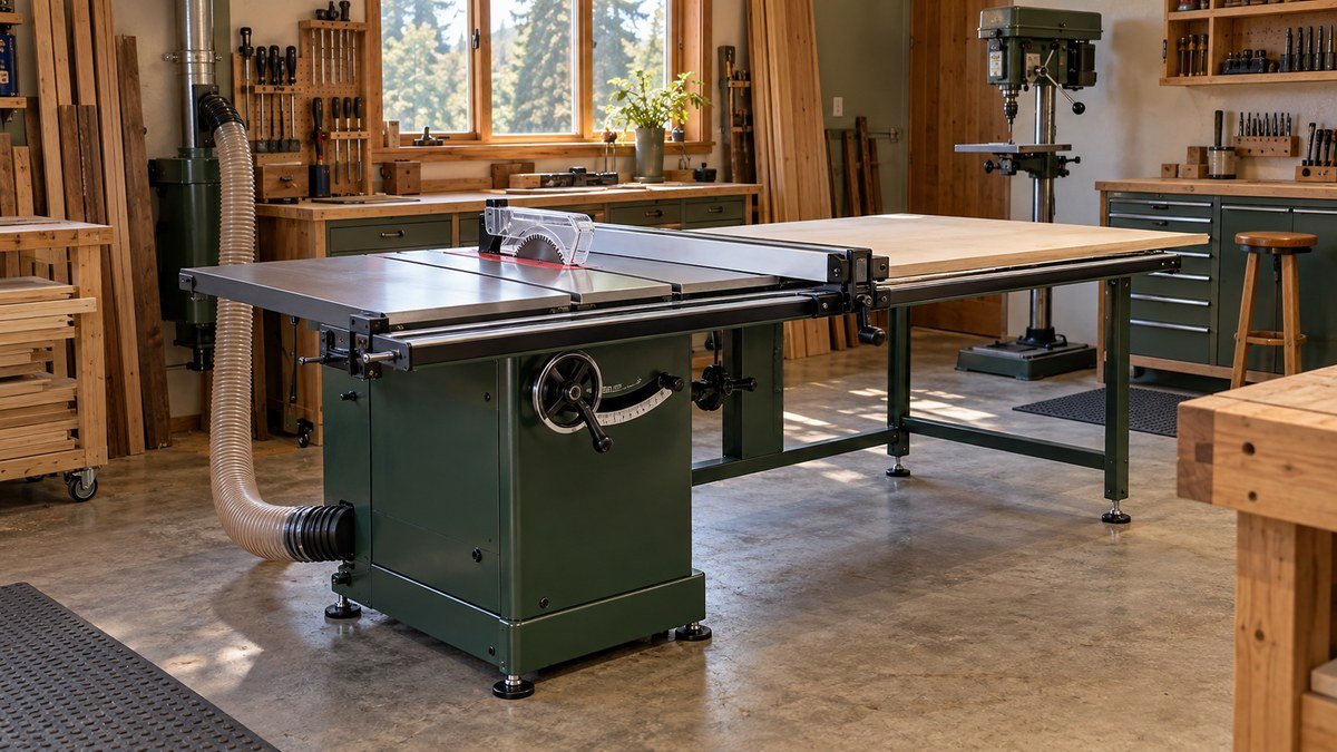 A full-size table saw on leveling feet with an aligned outfeed table, permanent dust hose, and fixed drill press.