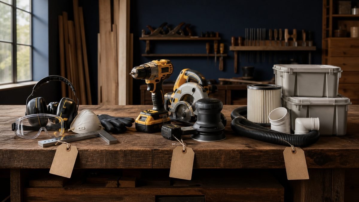 Safety gear, portable tools, dust-control fittings, and storage supplies grouped in three buying phases.