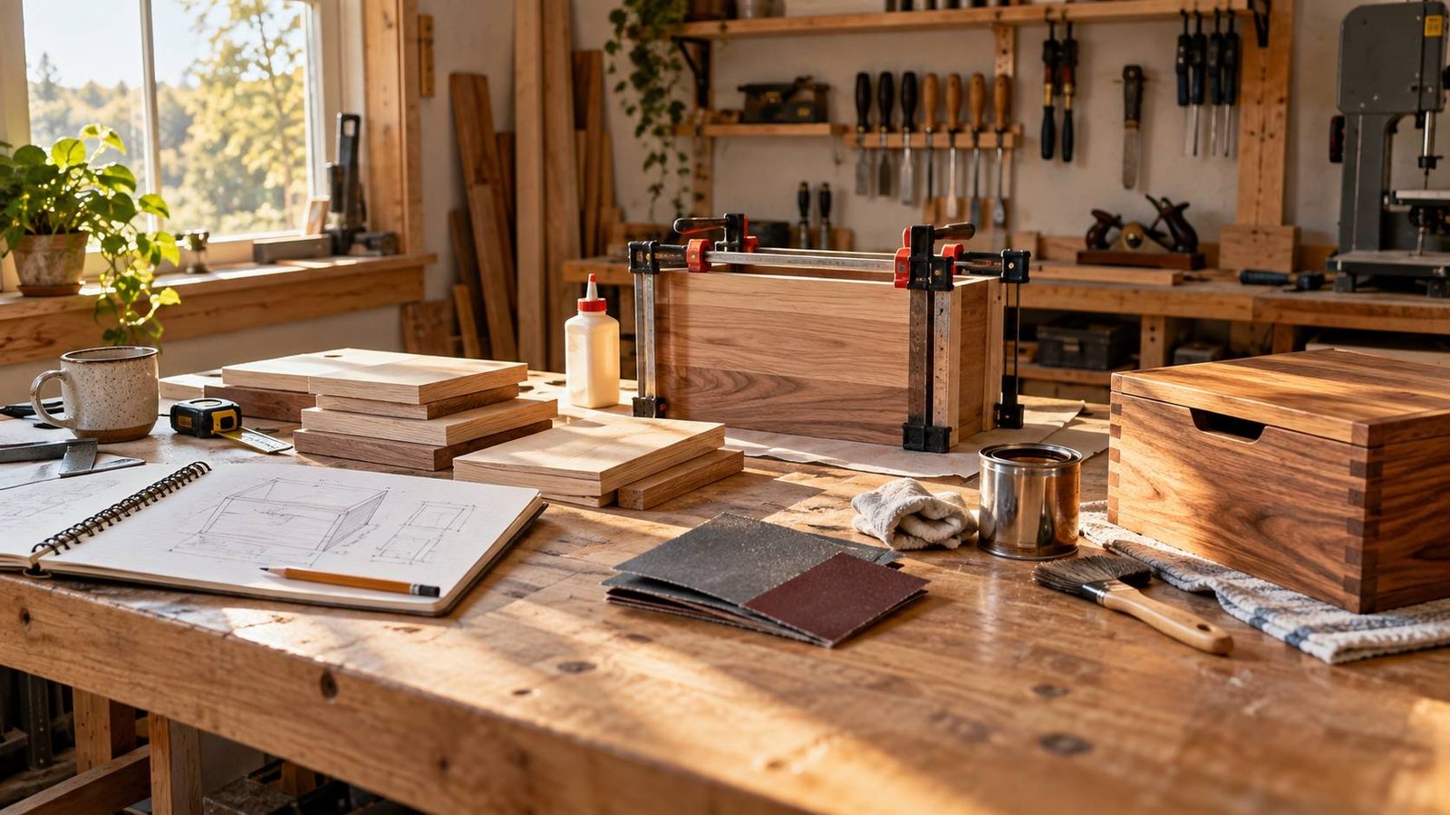 Organized woodworking bench with plans, prepared parts, clamped assembly, sanding supplies, and finishing tools arranged as a project schedule.