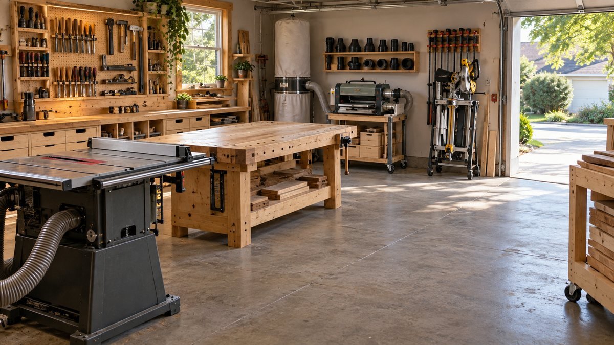 A hybrid workshop with a fixed saw and central workbench plus mobile machines parked neatly along the wall.
