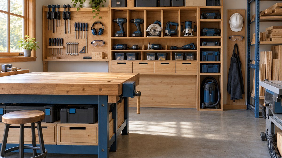Clean compact workshop after a reset, with power tools returned to shelves, a clear bench, and an unobstructed floor.
