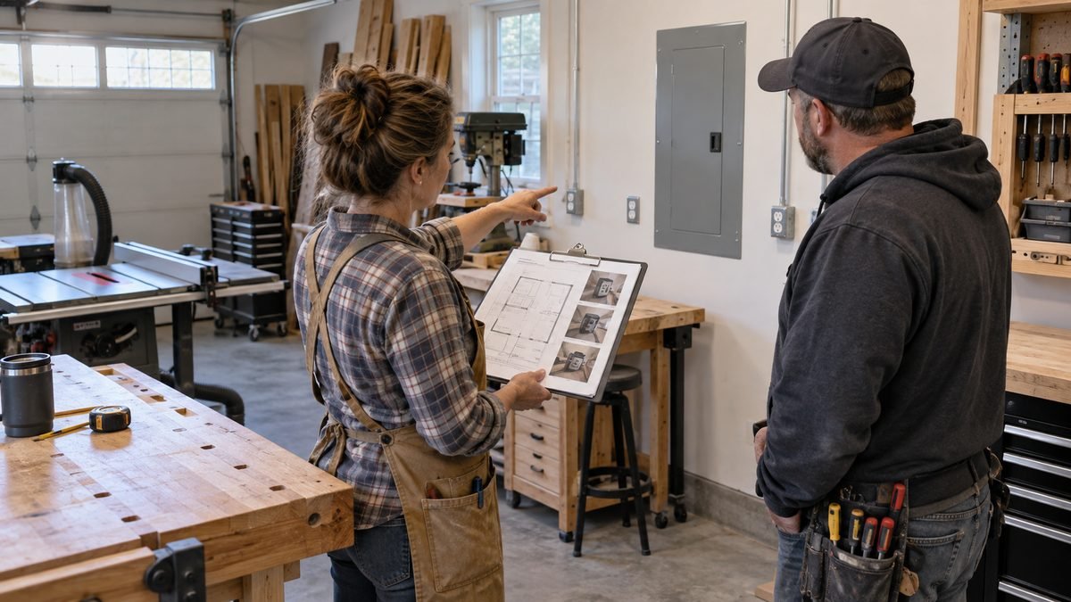 Woodworker and electrician review a workshop floor plan beside a closed panel and installed wall receptacles.