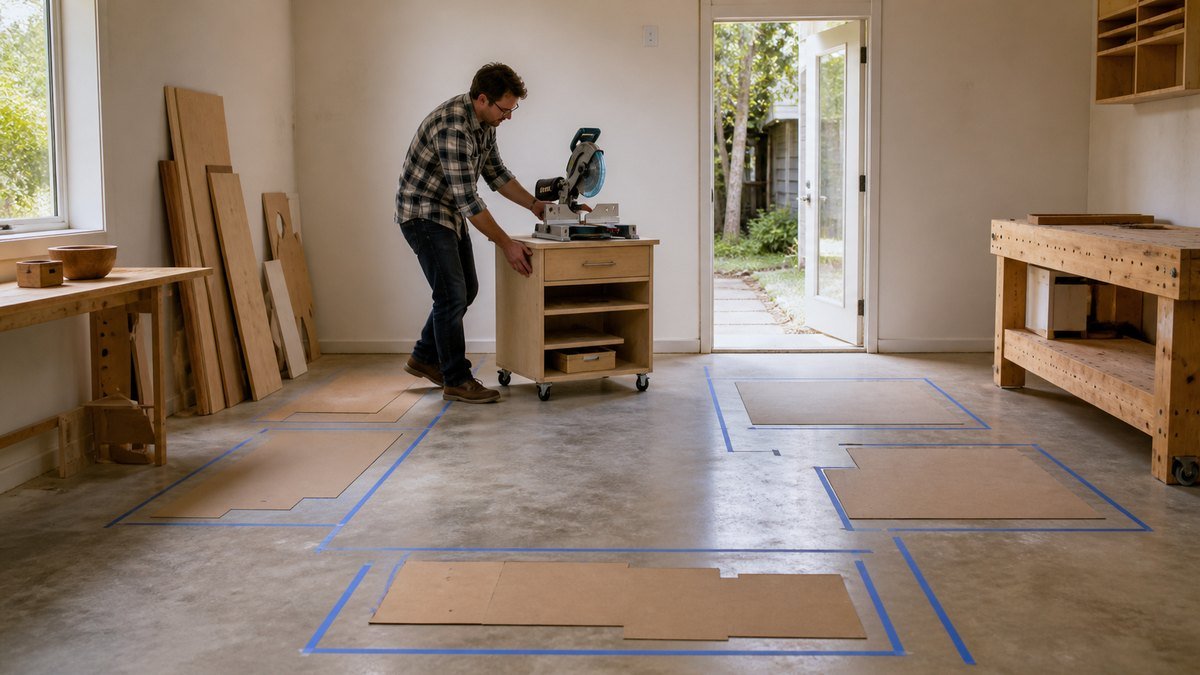 Beginner tests mobile tool placement inside painter's-tape floor outlines before building permanent storage.