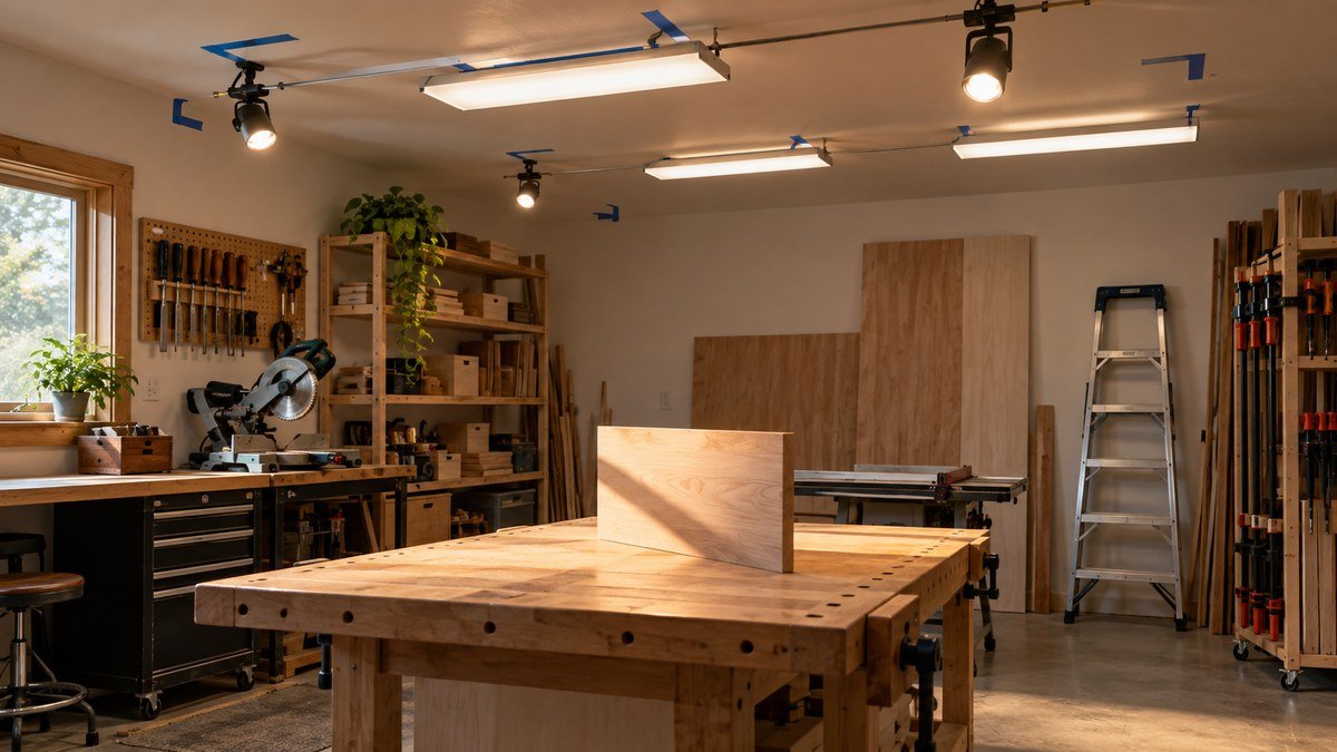 Workshop lights tested in temporary marked positions with a stable ladder parked away from the clear work area.