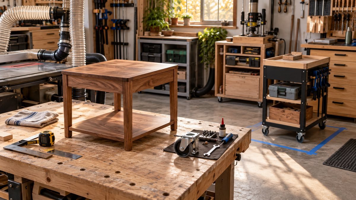 Finished side table beside caster maintenance tools and a mobile cart in a newly marked parking position.