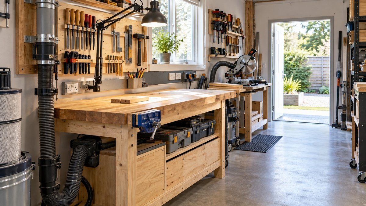 Well-lit compact workbench area with task lights, accessible outlets, wall tool storage, and a dust collection hose.