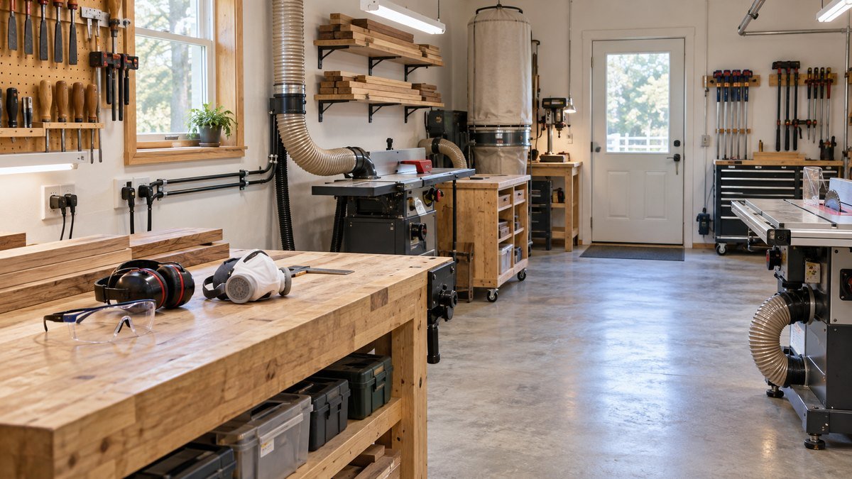 Small workshop includes dust collection, bright lighting, managed power cords, safety gear, and a clear exit.