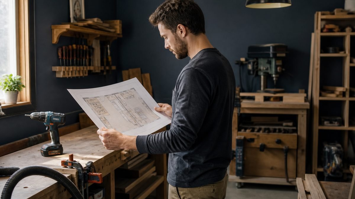 Beginner woodworker studies a floor plan in a compact shop with drill, clamps, and dust hose nearby.