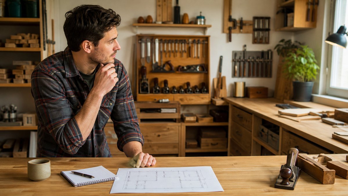 Beginner reviews a workshop floor plan at a clean bench while considering an organized tiny woodshop.