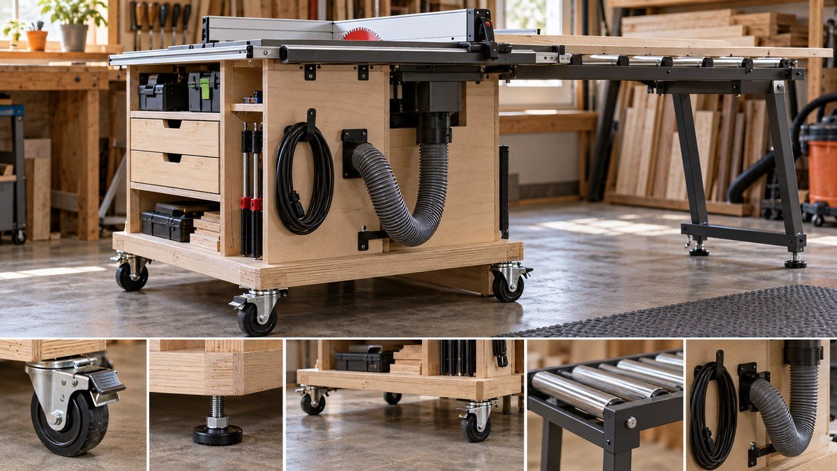 Close-up workshop details showing a locking caster, leveling foot, wide mobile base, roller support, cord, and dust hose.