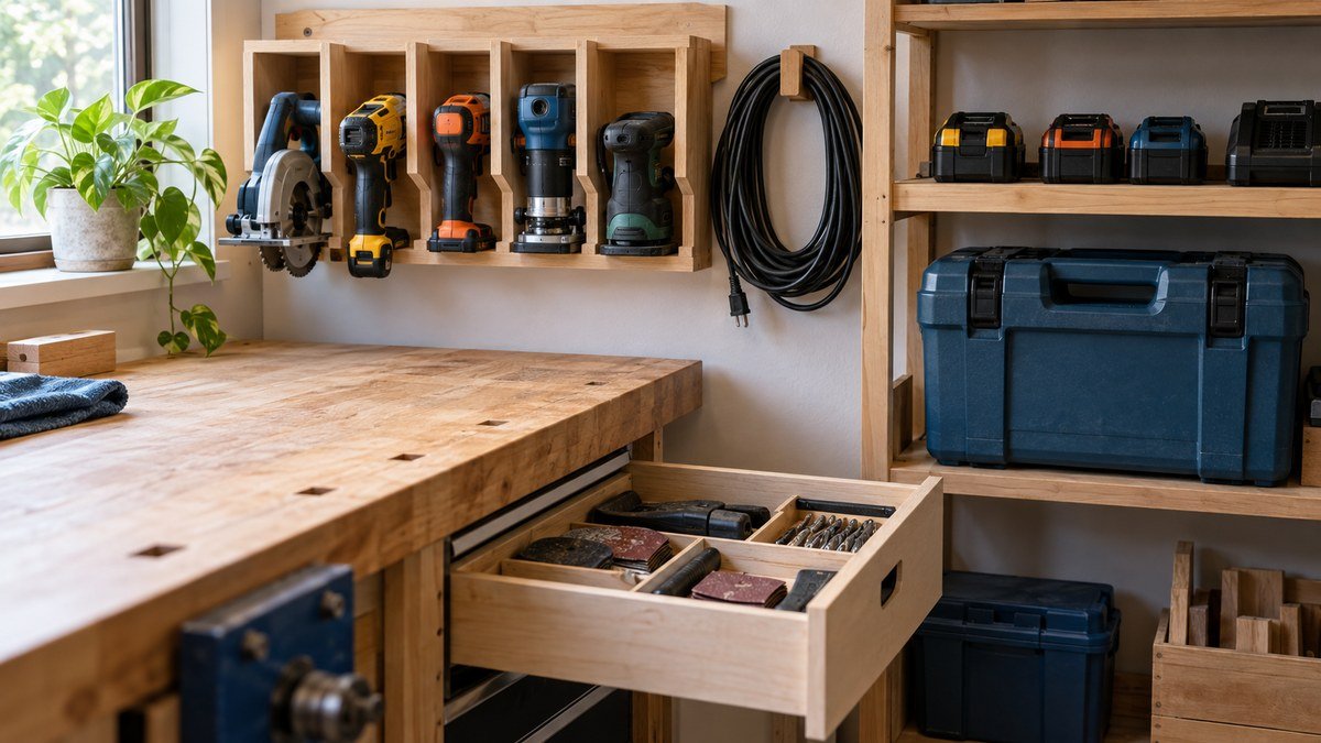 Workshop corner showing wall-mounted tools, shallow drawers, a hard case, battery storage, and a neatly coiled cord.