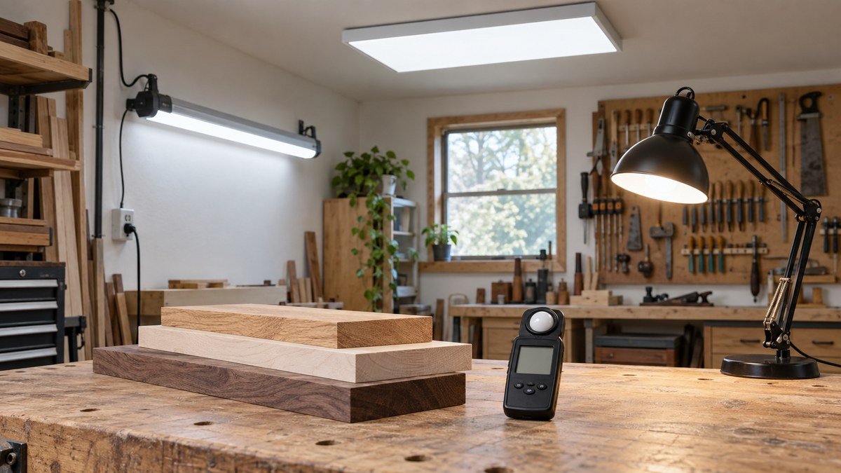 Workshop lighting options including ceiling, wall, and task fixtures beside a handheld light meter.