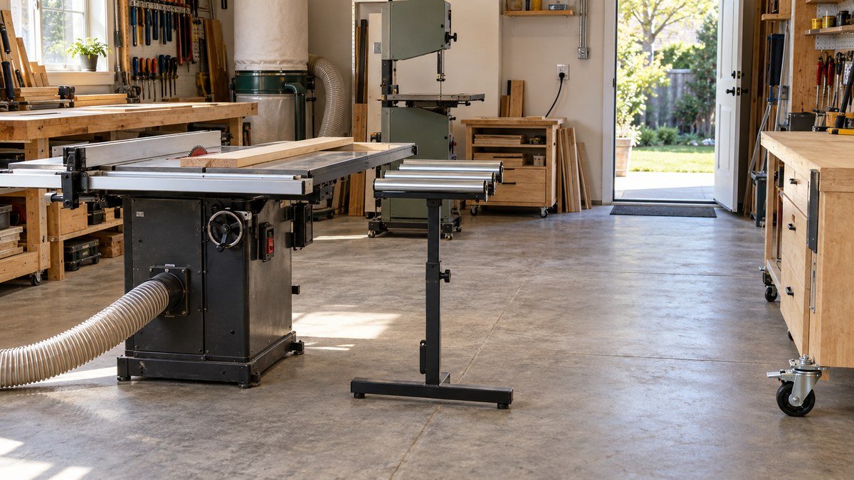 Table saw, roller support, dust hose, wall outlet, locking caster, and open workshop exit arranged safely.