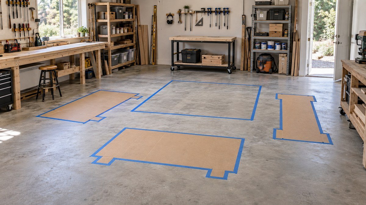 Open workshop floor with several blue-tape and cardboard outlines used to compare possible workbench locations.