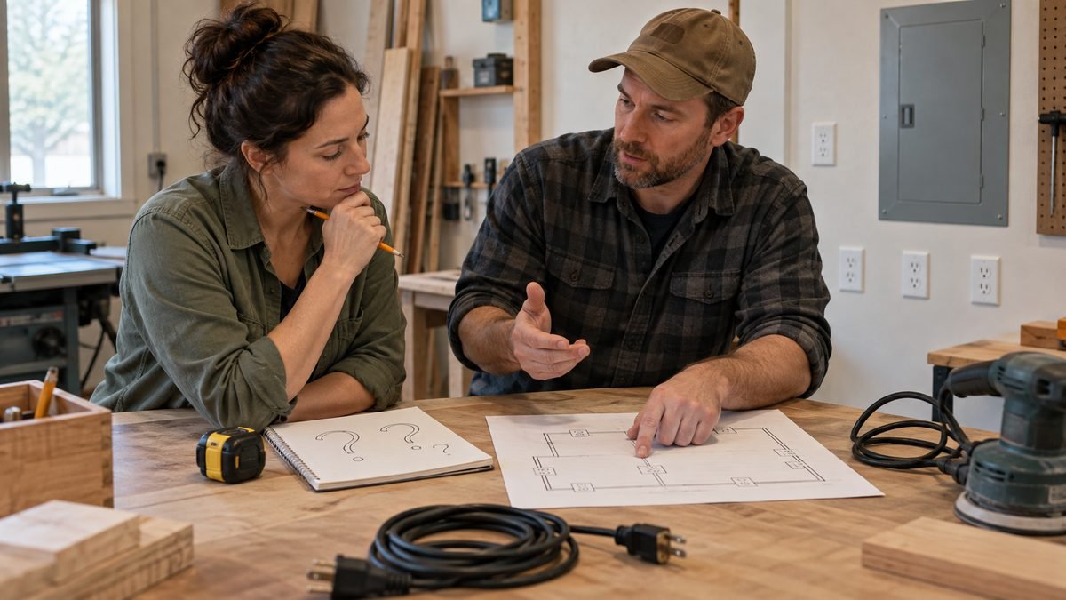 Two people discuss a shop outlet plan at a workbench with unplugged tool cords and a closed electrical panel nearby.