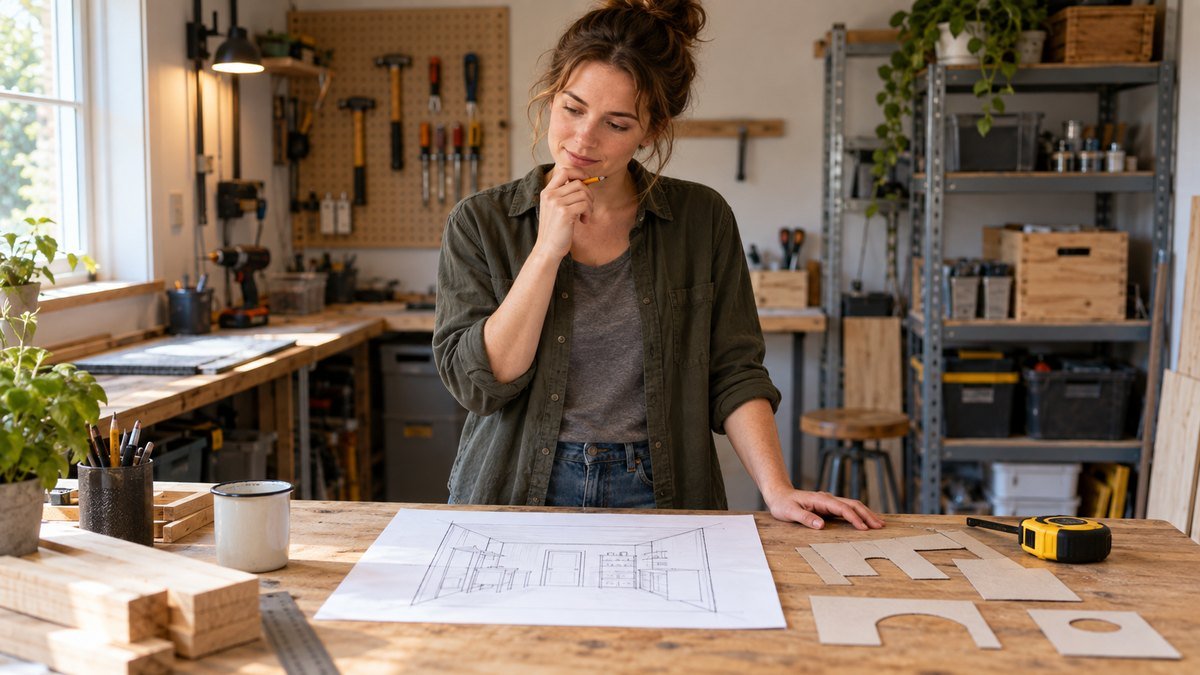 Beginner studies a workshop layout drawing and cardboard tool templates at a clean workbench.