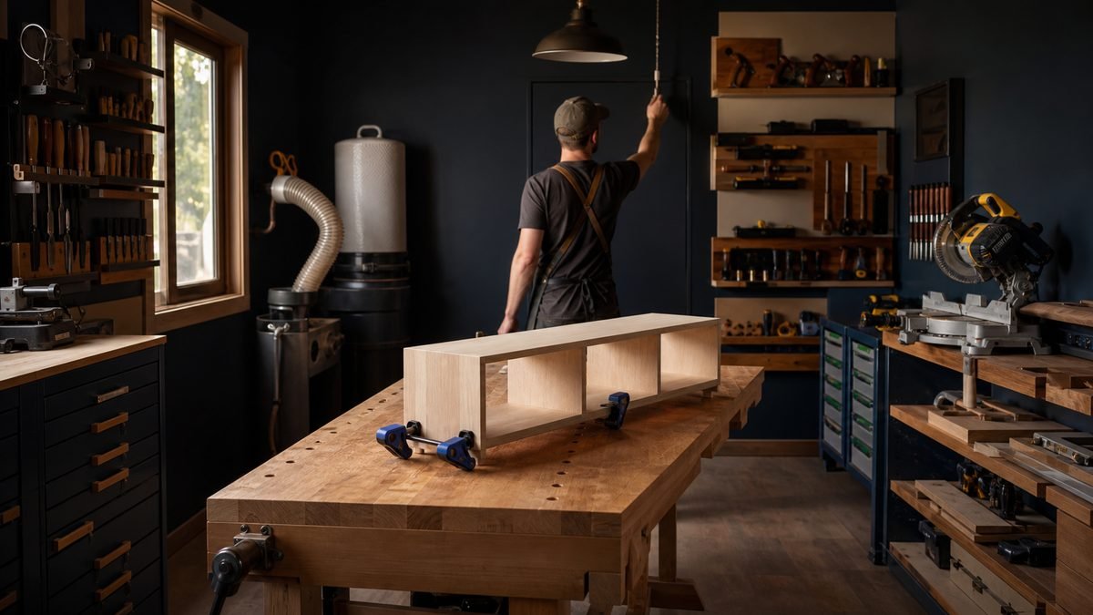 Organized small woodshop with a clamped shelf project as a woodworker switches off the overhead light.