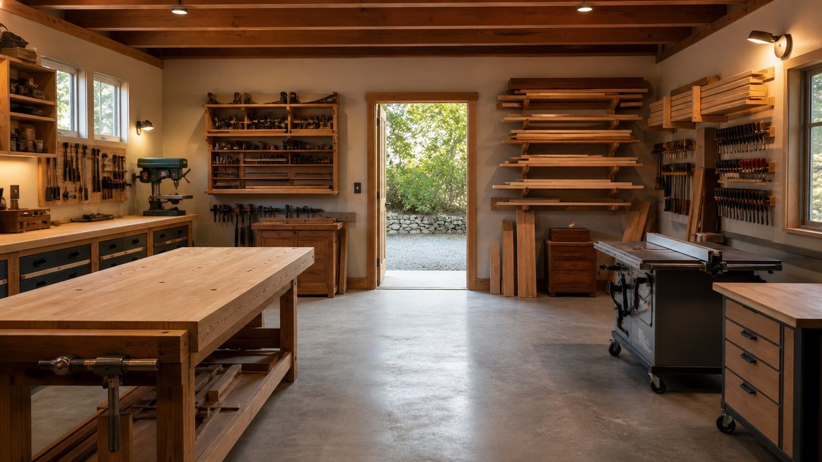 Finished small woodshop has a clean bench, parked mobile tools, wall storage, lumber racks, and an open aisle.