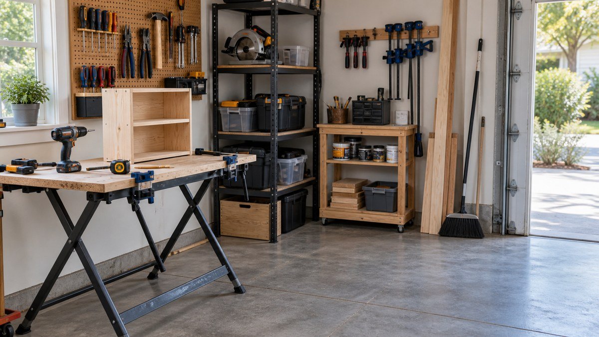 Beginner garage workspace with a folding bench, drill, portable saw, clamps, storage shelves, and an unfinished shelf project.