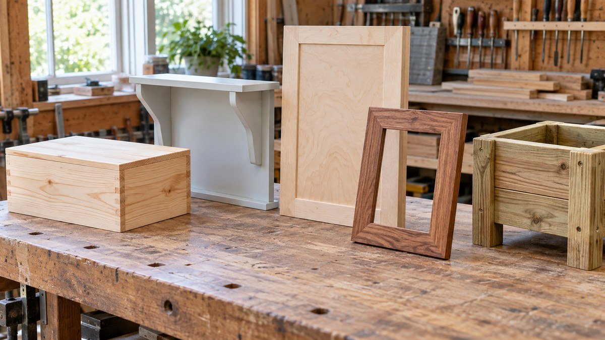 Pine box, painted shelf, plywood panel, hardwood frame, and outdoor planter demonstrating different project materials.