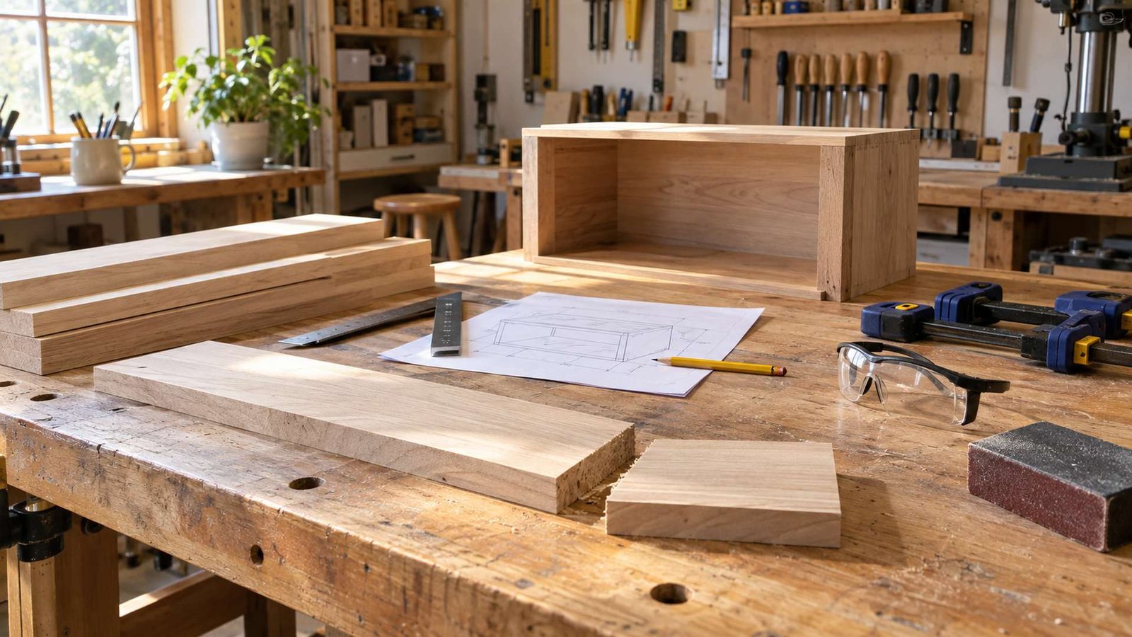 Organized woodworking bench with a project plan, lumber, measuring tools, clamps, safety glasses, sanding block, and a completed cabinet.